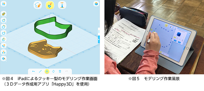 ※図4 iPadによるクッキー型のモデリング作業画面 (3Dデータ作成用アプリ「Happy3D」を使用) ※図5 モデリング作業風景