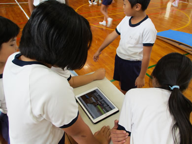 写真：タブレット型ＰＣを活用した体育科「跳び箱運動」の学習