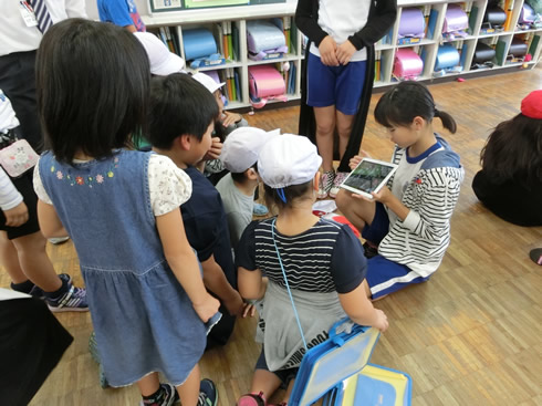 写真：タブレットを活用し，ピアサポートの振り返り