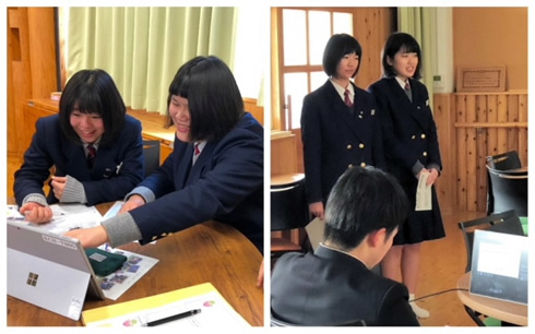 写真：タブレットＰＣでガイド活動の振り返りと校内発表準備